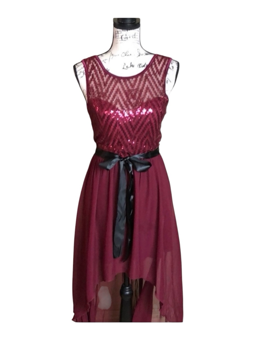 Burgundy Sequin High Low Dress Sleeveless Chiffon Party Cocktail Formal Size S